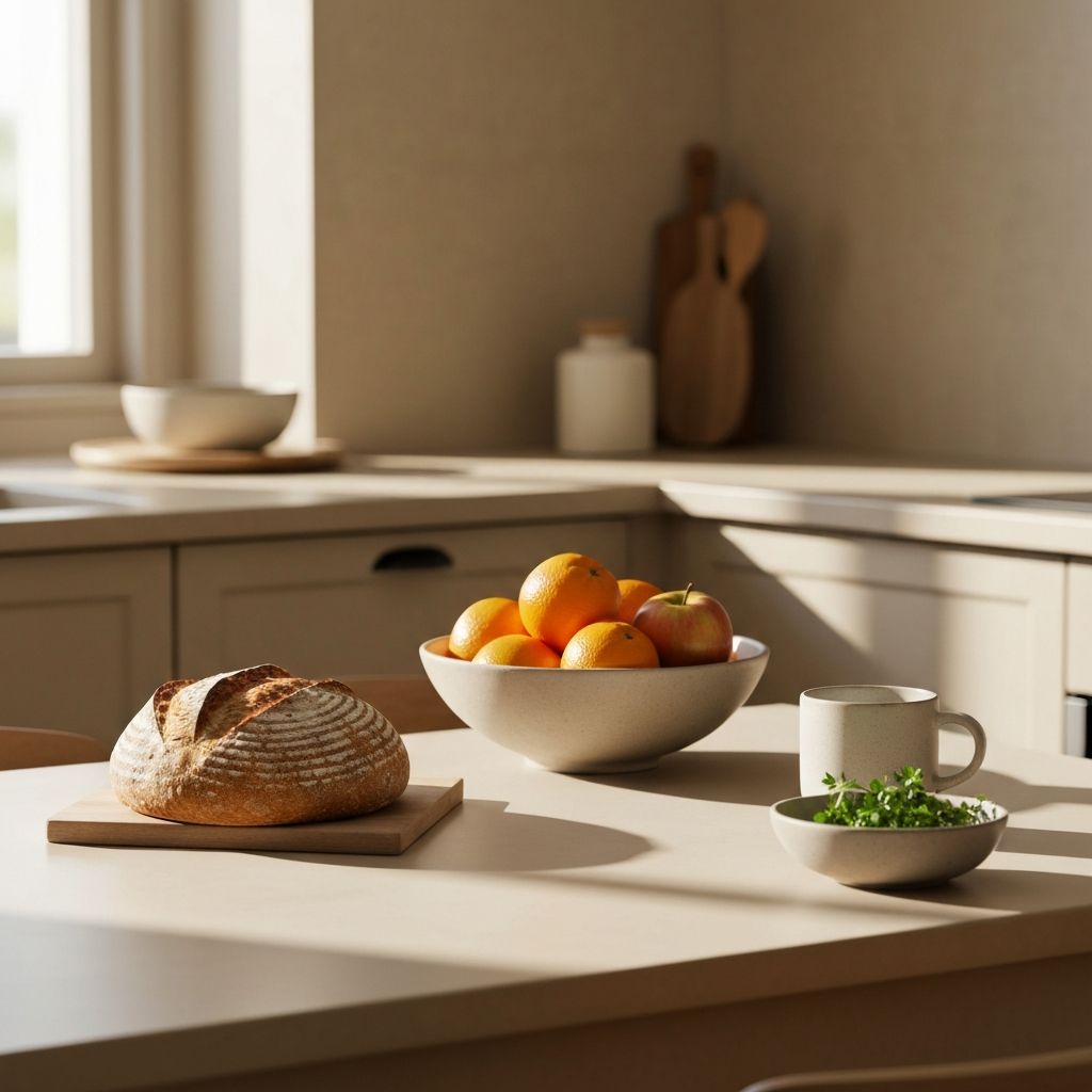 Neutral kitchen table scene with everyday food items